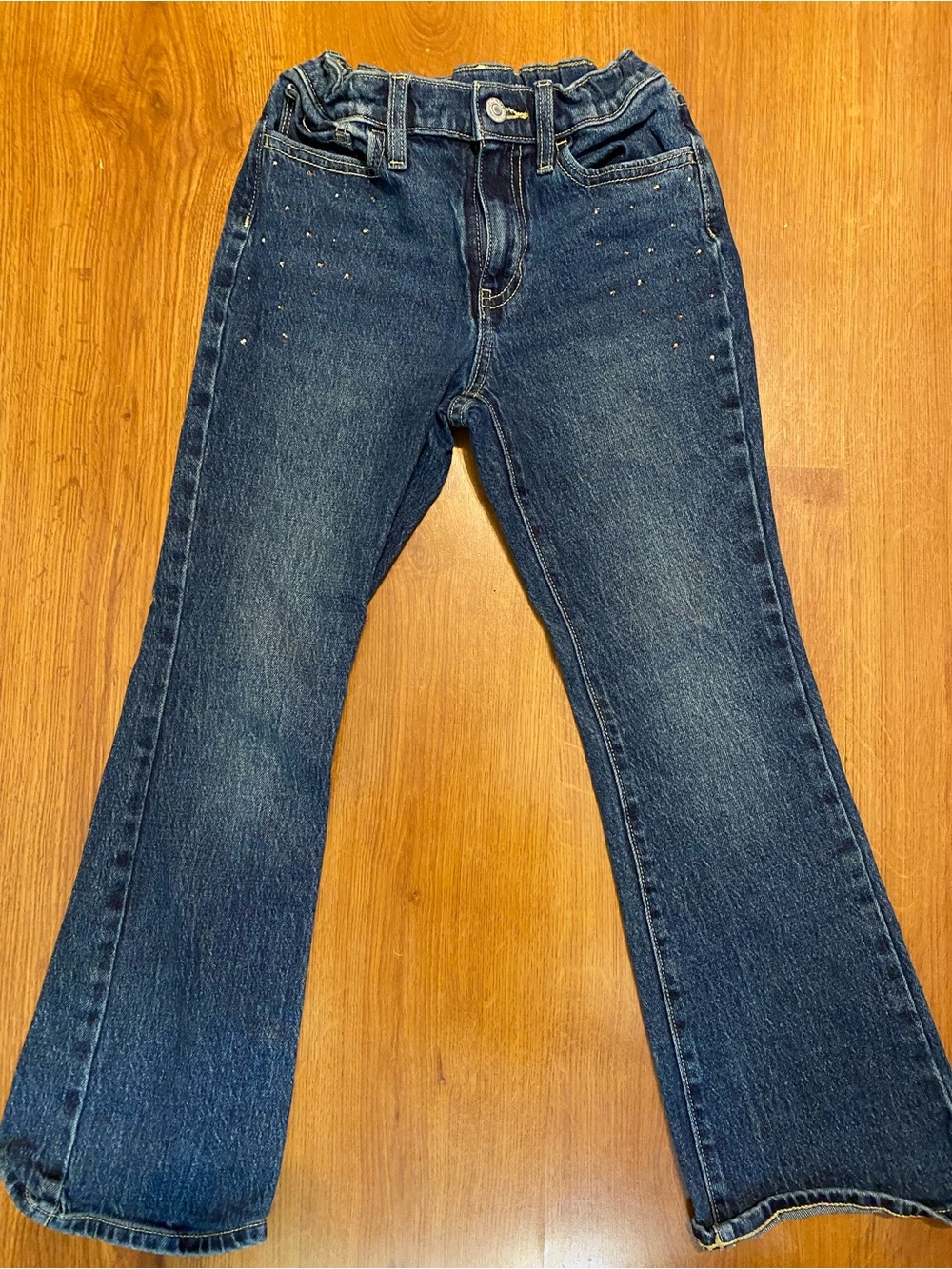 Girls' Dark Blue High-Rise Flare Denim Jeans with Decorative Rhinestones